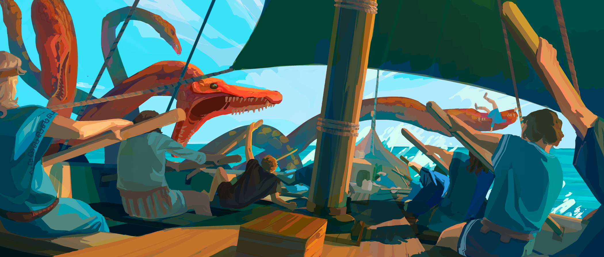 Gabrielle DO DUY - Concept art for a homerian odyssey showing an unrest sea adventure of a ship crew under the attack of giant multi headed hydra