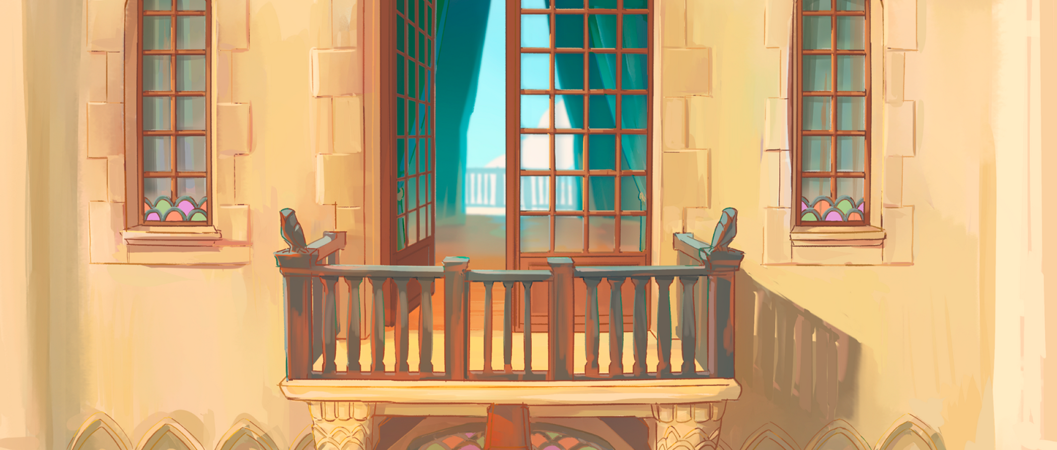 Gabrielle DO DUY - Background Concept art for the animated short 'Aiglefin' showing a Balcony sneeking glance inside a Victorian era Castle.