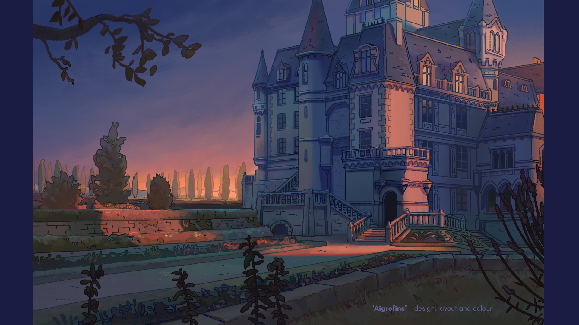 Gabrielle Do DUY - Visual development - Background Concept art for the animated short 'Aiglefin' showing a Victorian Era Castle by sunset