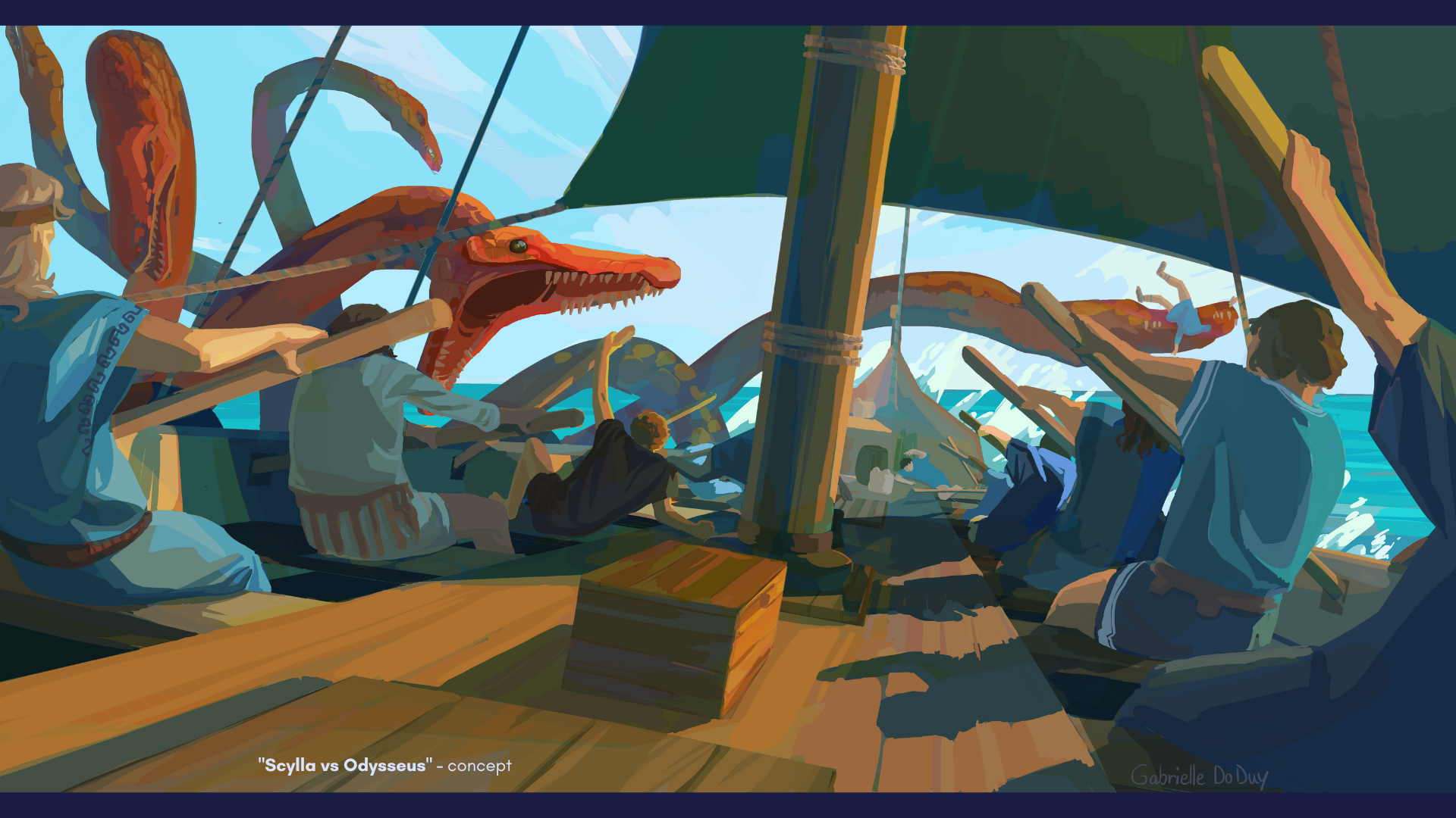 Gabrielle DO DUY - Concept art for a homerian odyssey showing an unrest sea adventure of a ship crew under the attack of giant multi headed hydra