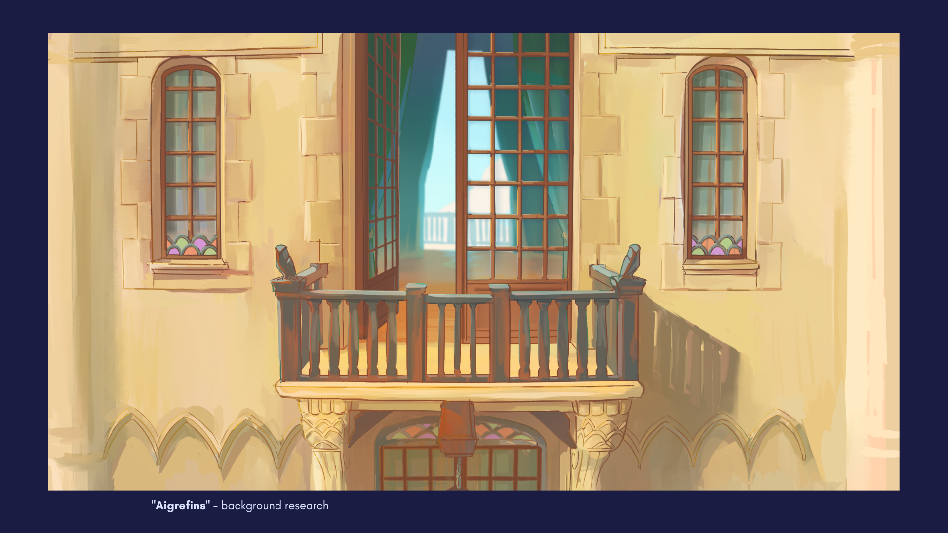 Gabrielle DO DUY - Background Concept art for the animated short 'Aiglefin' showing a Balcony sneeking glance inside a Victorian era Castle.